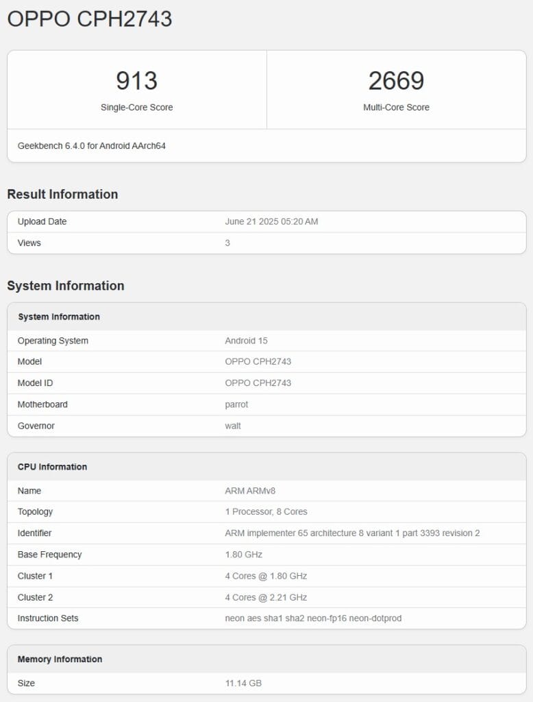 Oppo Reno 14F "CPH2743" Geekbench में हुआ बड़ा खुलासा Snapdragon 6 Gen 1? 2 Oppo reno 14f geekbench score