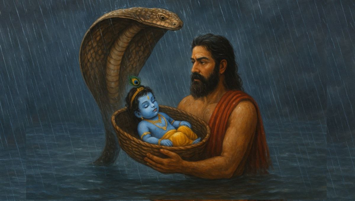 Lord Krishna in basket with Vasudeva