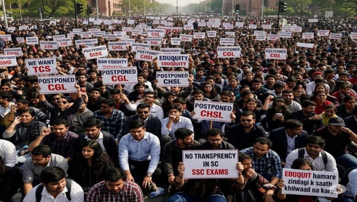 ssc exam protest 2025 students holding banners delhi rally